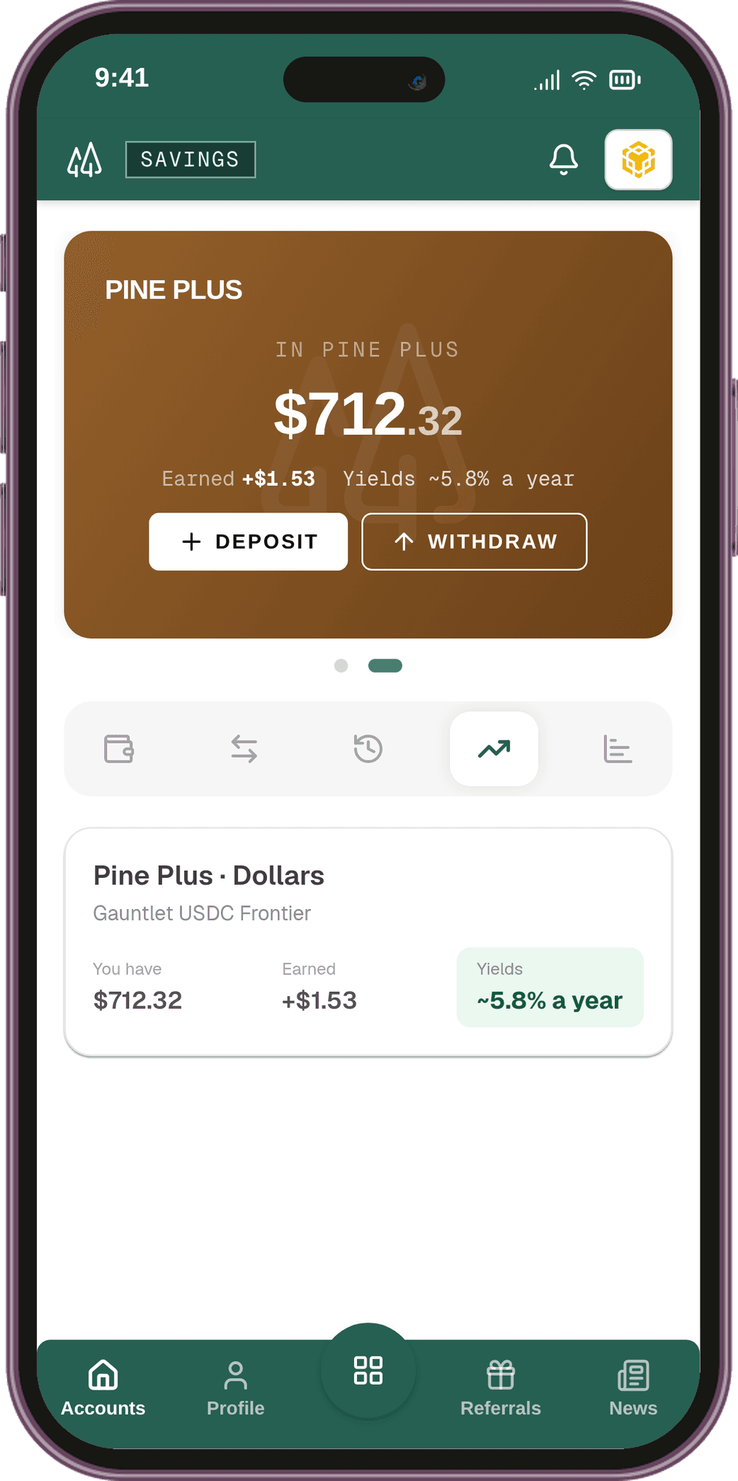 Pine Wallet — Pine Plus screen